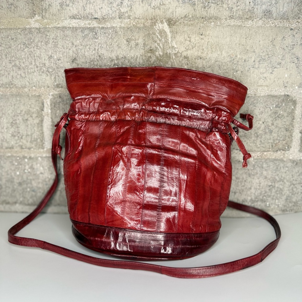 Women's Red Leather Drawstring Crossbody Bag